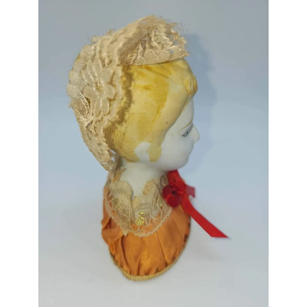Vintage Porcelain Half Doll Pin Cushion Lace Headdress Orange Satin Base Antique - Picture 8 of 11